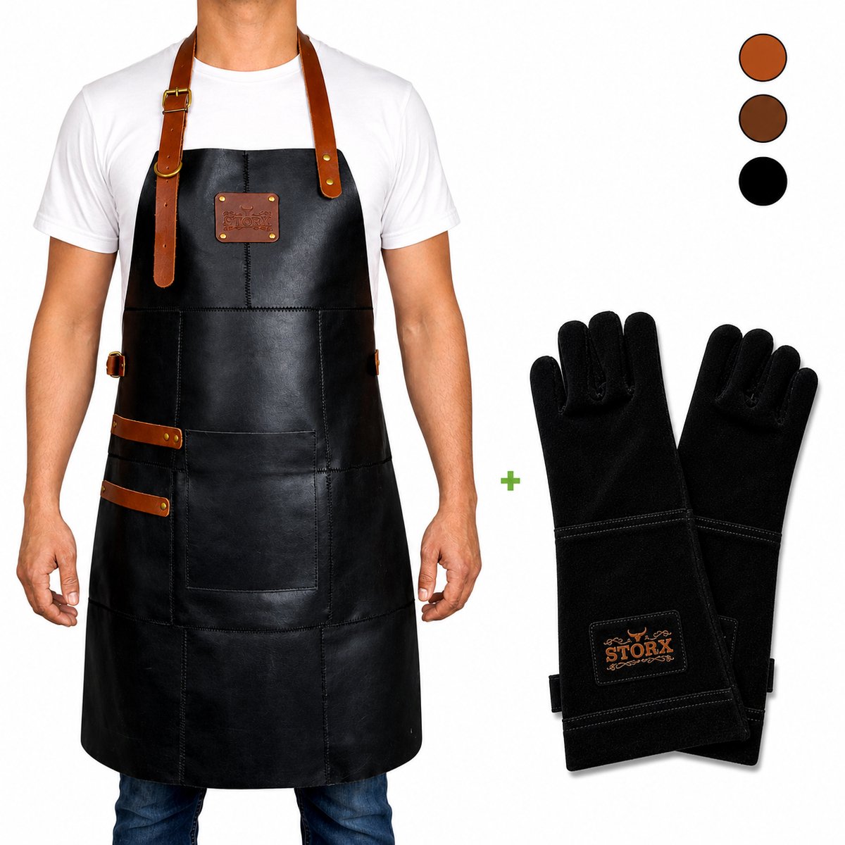 Leren BBQ Schort met Leren Handschoenen – Zwart Echt Leer – 2 Jaar Garantie – Stoer Luxe Kookschort voor Mannen – Barbecue Schort met Groot Vak, Handdoek lus – Voor Vaderdag, Kerst of Verjaardag