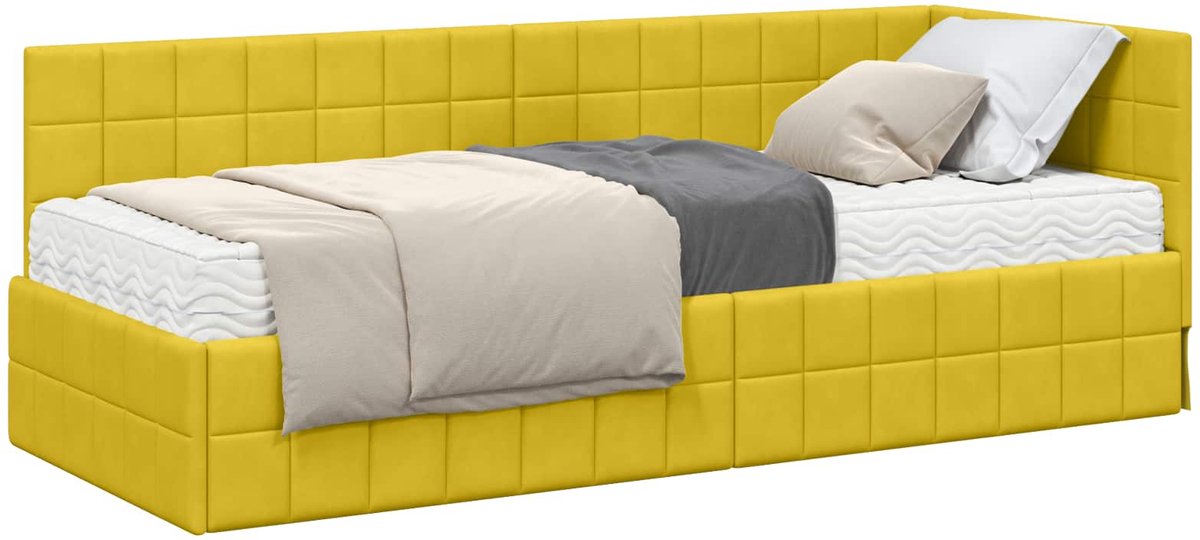 vidaXL Hoekbedframe - met - Matras - 2 - st - Geel - 80 - x - 200 - cm - Fluweel