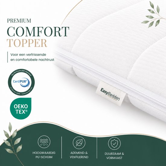 Matelas blanc matelassé avec le texte "SURMATELAS CONFORT PREMIUM".