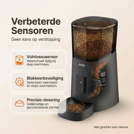 Zwarte automatische voerbak met "Verbeterde Sensoren" en "Geen kans op verstopping".