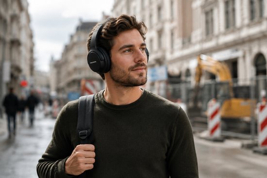 Een man met een zwarte GRUNDIG koptelefoon op, lopend op straat.
