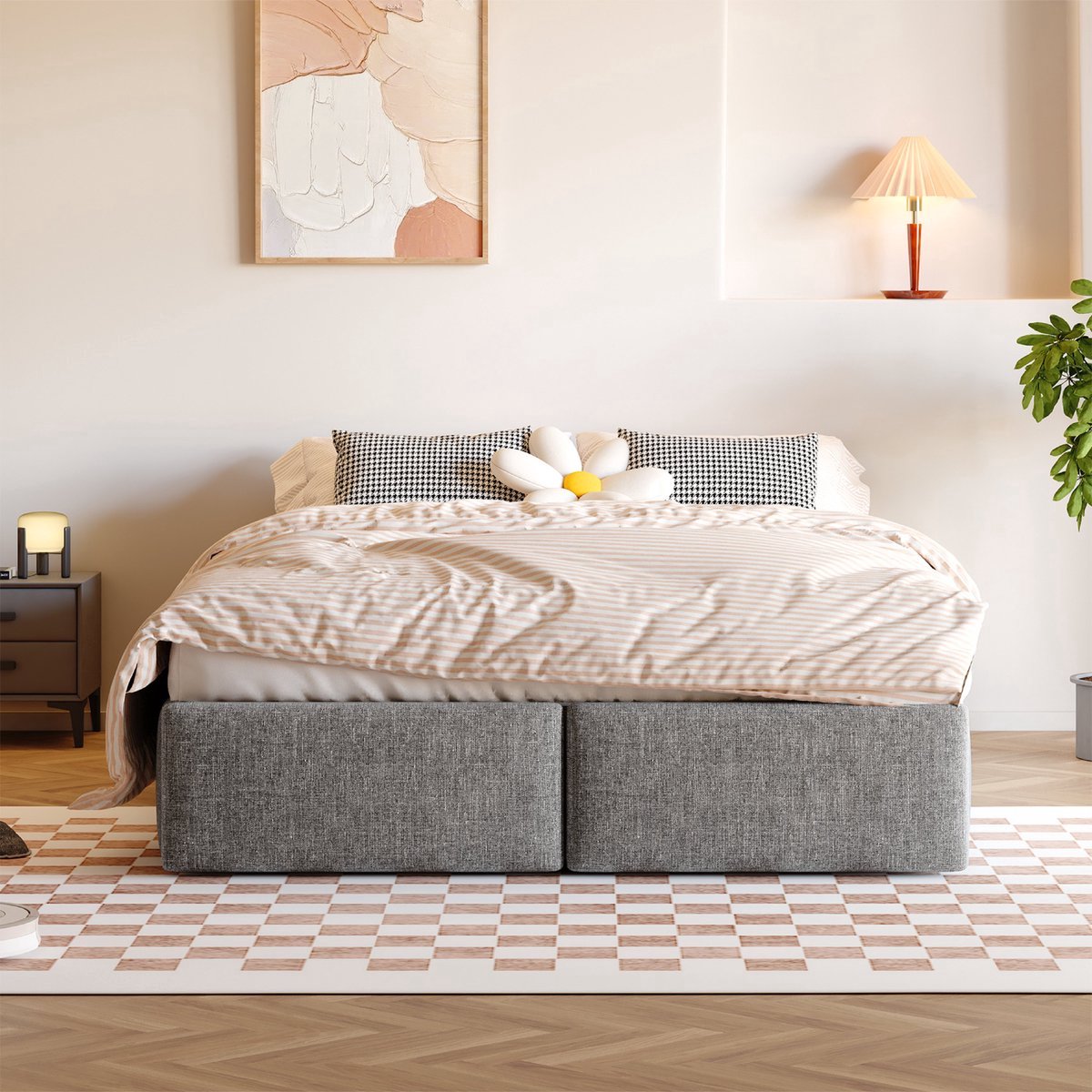 VVBV Bed met opbergruimte 140x200 / Gestoffeerd bed 140x200 / Tweepersoonsbed 140x200 – met Hydraulische Opbergruimte, Lades, Lattenbodem – 2 Lades – Grijs