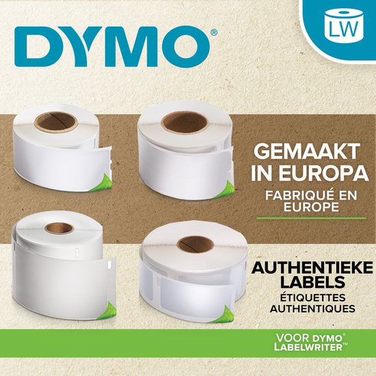 Vier rollen DYMO labels 'Authentieke Labels', gemaakt in Europa.