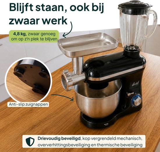Vivid Green 2000W Keukenrobot - 6.2L - Alles-in-een Keukenmixer - Mixer met Mengkom - Keukenmachine - Gehaktmolen en Blender- Pastamachine – Zwart