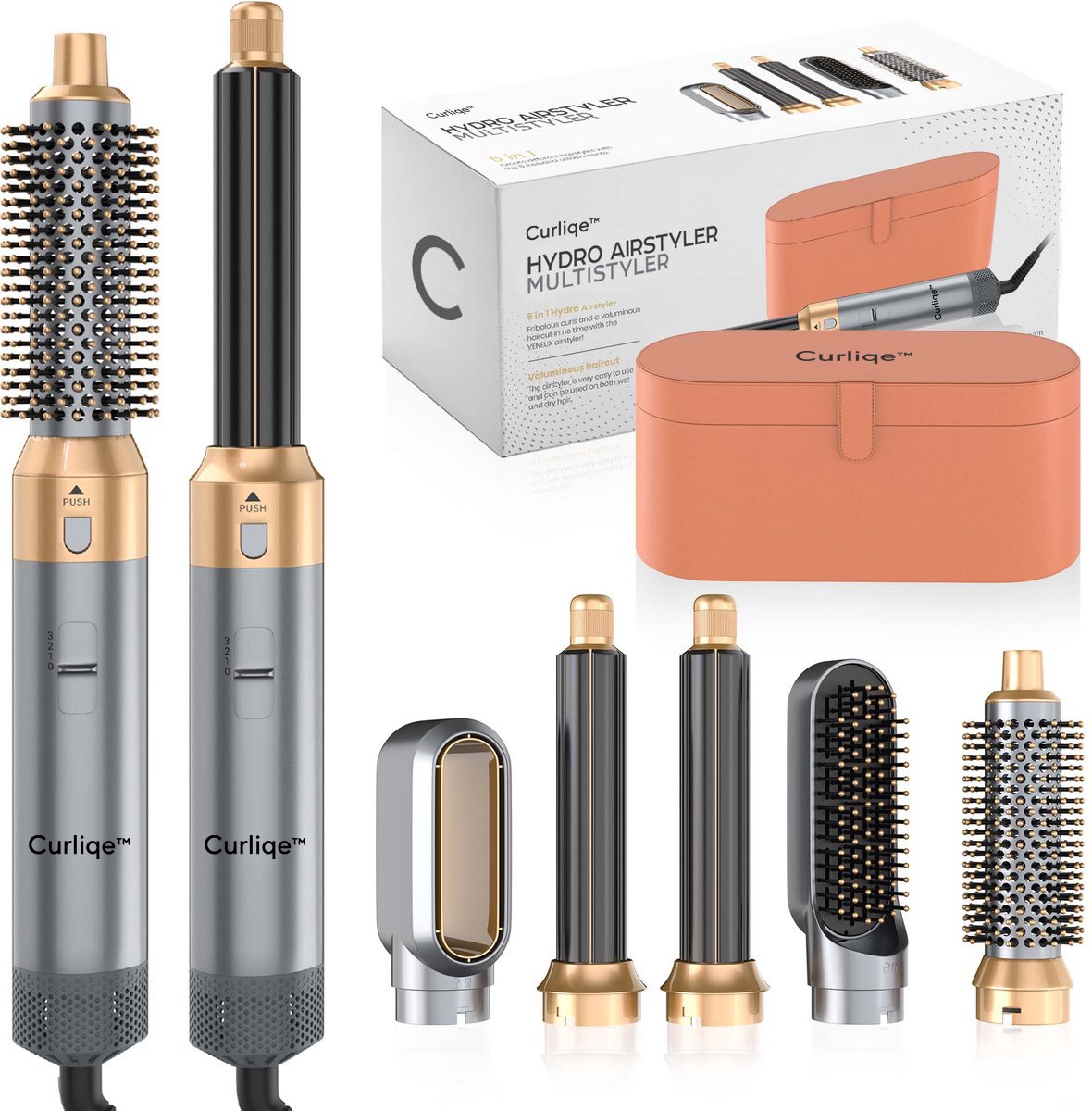 Curliqe™ Föhnborstel - Airstyler - Krulborstel - Krultangen - 5 in 1 Multistyler - Met Opbergcase - Grijs Goud