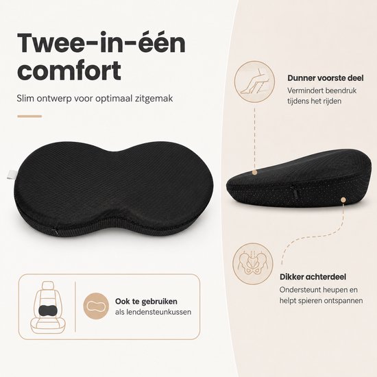 Zwart, ergonomisch autostoelkussen met een dunner voorste deel en dikker achterste deel.