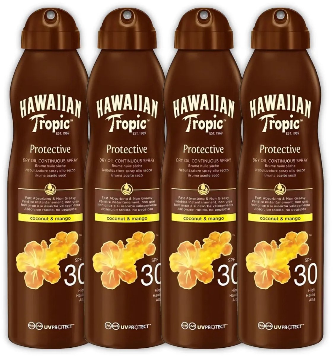 4 x Hawaiian Tropic - Zonnebrand - Island Glow Dry Oil Continuous Spray SPF 30 - Hydraterend & Beschermend - 177 ml - Zonbescherming - Zonbrand Spray - Droge Olie - SPF 30 - Huidhydratatie