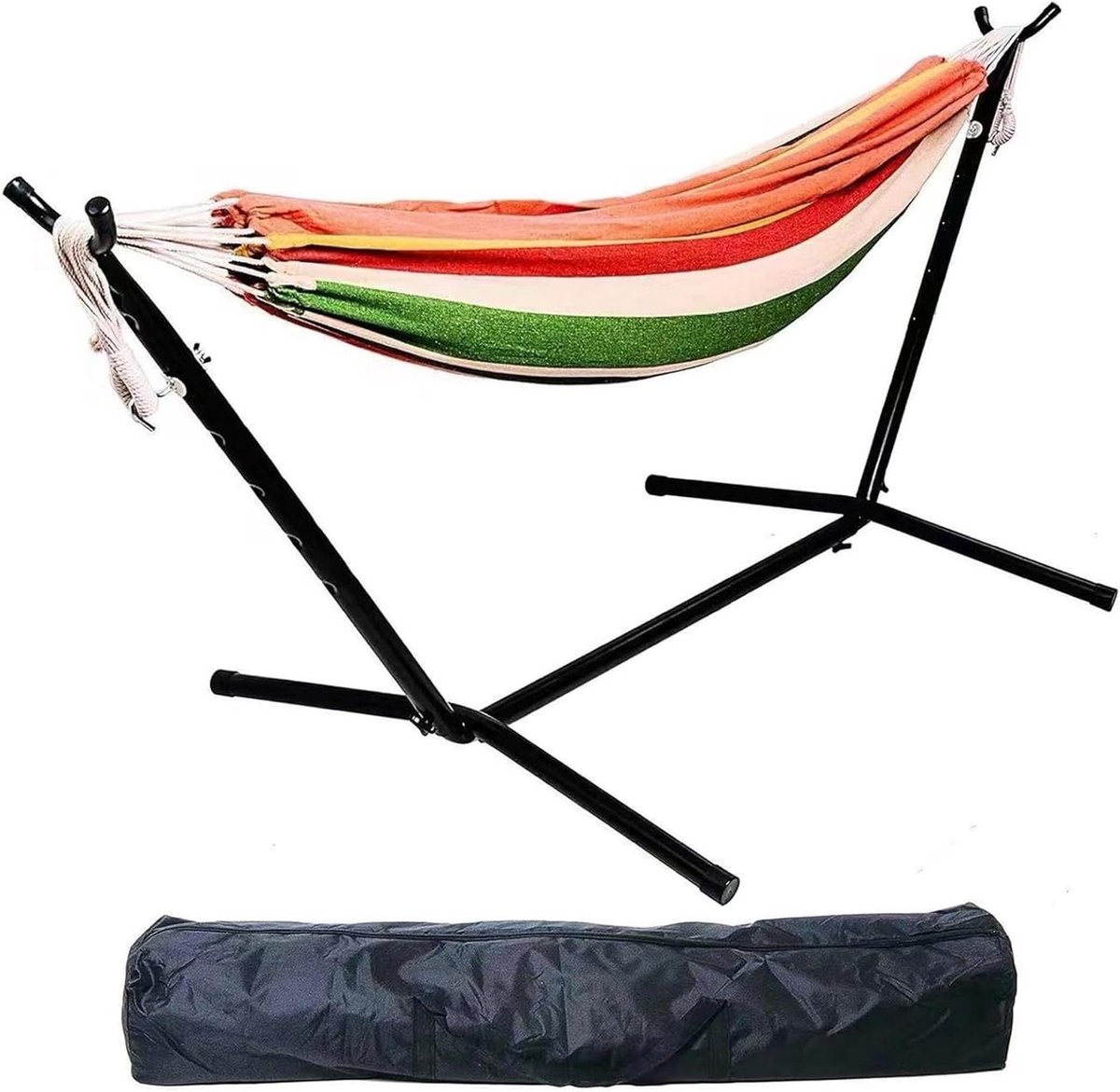 Dubbele Hangmat met Standaard - Kampeerhangmat Tuin Hangmat - Ontspannen Buiten - Inclusief Draagtas - 420 lbs Capaciteit - Bruine Strepen