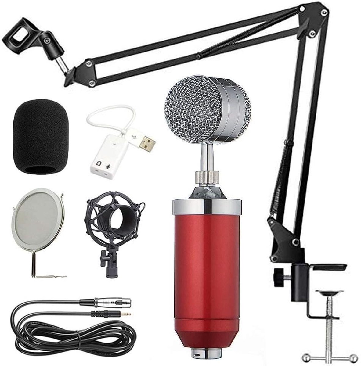 Condensator Microfoon Set - Podcast Microfoon Opname Microfoon - Studio Opnames - Cardioïde Opnamepatroon - 192 kHz Sample Rate - Rood