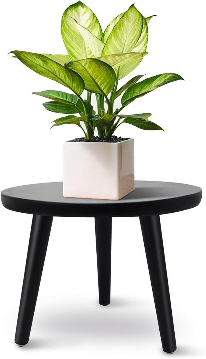 Famanu – Houten plantenstandaard, ronde plantenkruk met 3 poten voor verschillende potgroottes, zwart, 22 x 28 cm