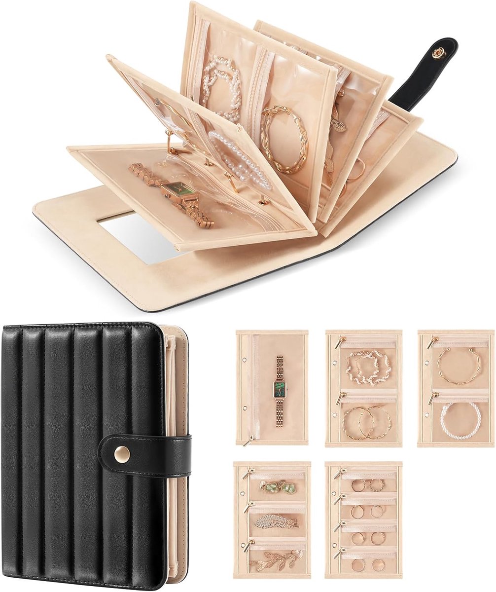 Famanu – Draagbare sieraden organizer met rits en fluwelen zakjes, inclusief spiegel, zwart