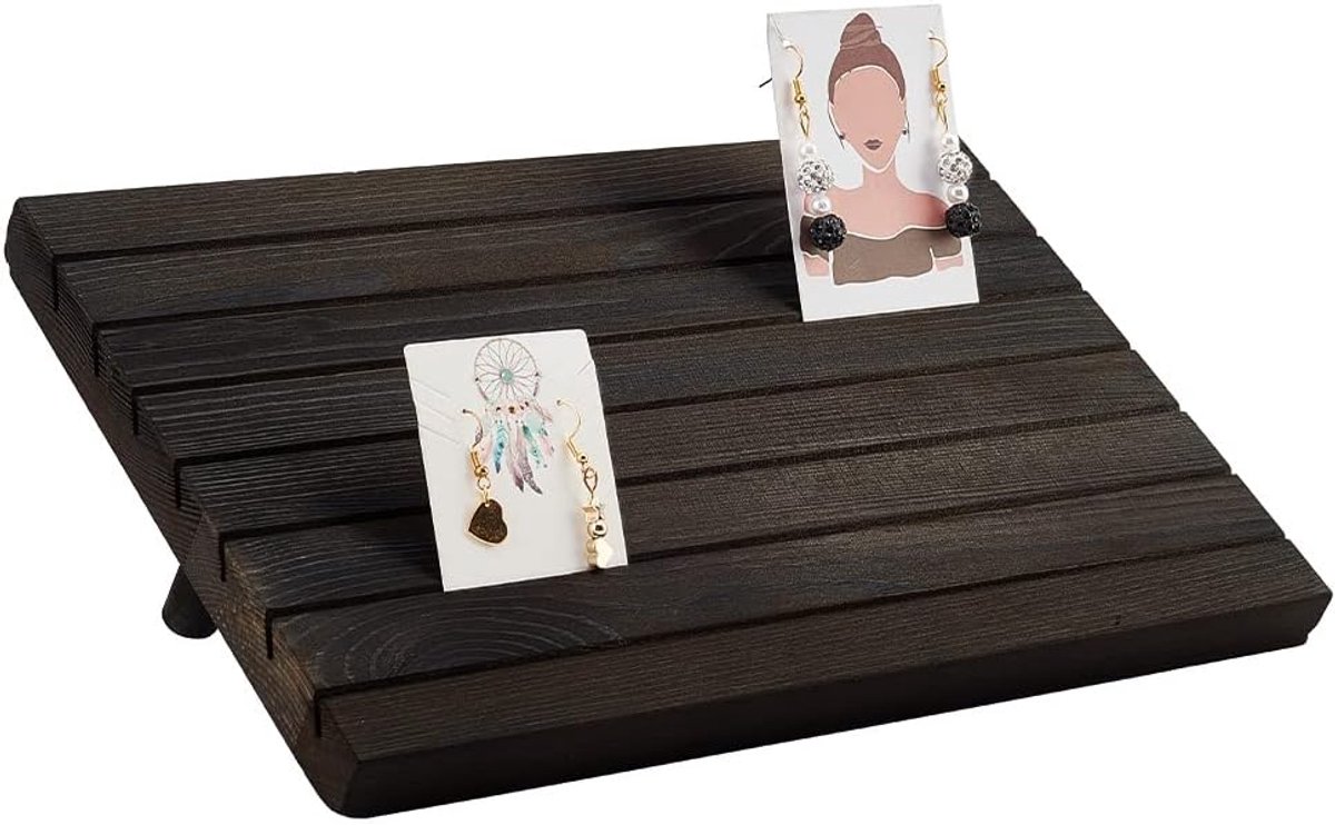 Famanu – Houten oorbel display stand met 7 slots en 2 afneembare pinnen, zwart, ideaal voor verkoop en presentatie