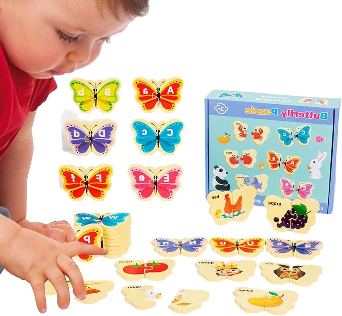 Alfabet Dierenpuzzel - Houten Puzzel Denkspel - Spelenderwijs Leren - Veilige Afwerking - 17.5x4.5x20.7cm - Vlinder