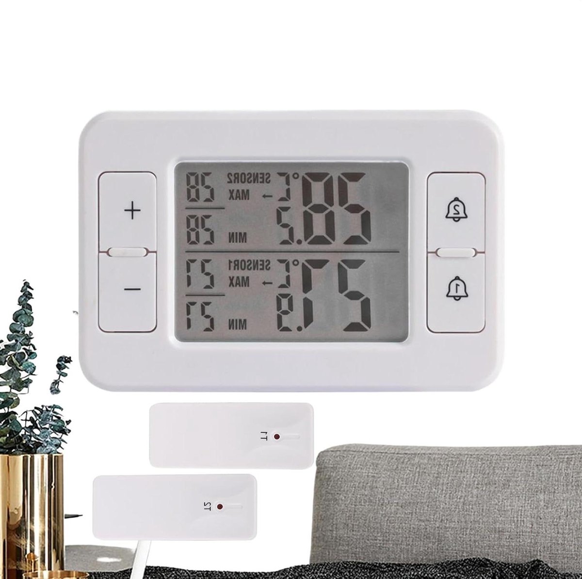 Digitale Koelkast Thermometer - Vriezer Monitor Alarm - Temperatuur Bewaken - Dubbele Sensoren Draadloos - -40 tot 60 C - Wit