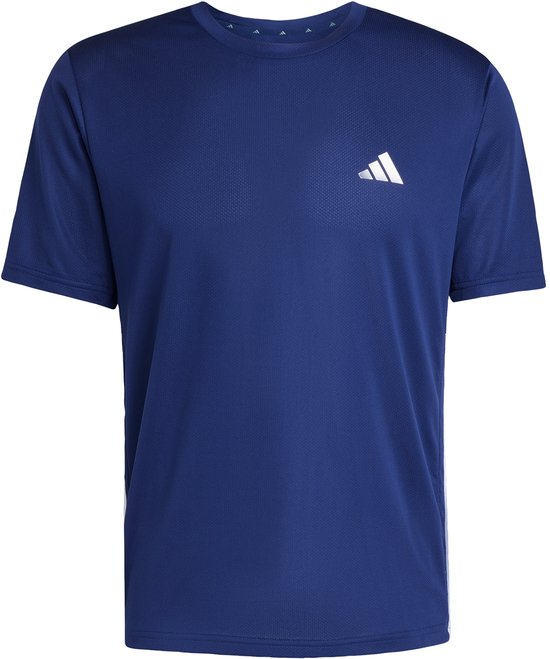 Donkerblauw sport T-shirt, voorzijde met textuur en wit Adidas logo.