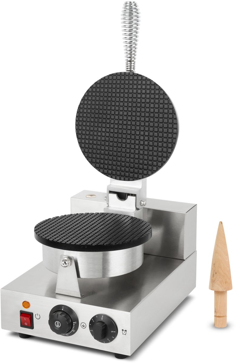 VERTES Wafelijzer, ijshoorntjesmaker, 24 stuks per uur, hoorntjes inbegrepen, instelbare temperatuur van 0°-300°C, timer, teflon gecoat, gietijzeren hoorntjesmaker met roestvrijstalen behuizing, 1000 W