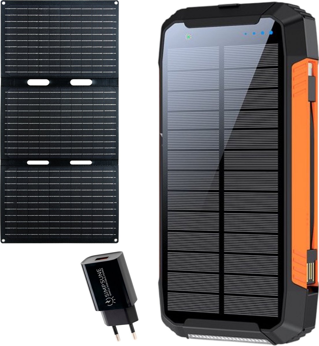 SimpSune Solar Powerbank - 41000mAh - EXTRA 30W Zonnepaneel + 18W Adapter - Ingebouwde Kabels - Powerbank Zonneenergie - Solar Charger - Grote capaciteit Wireless Chd