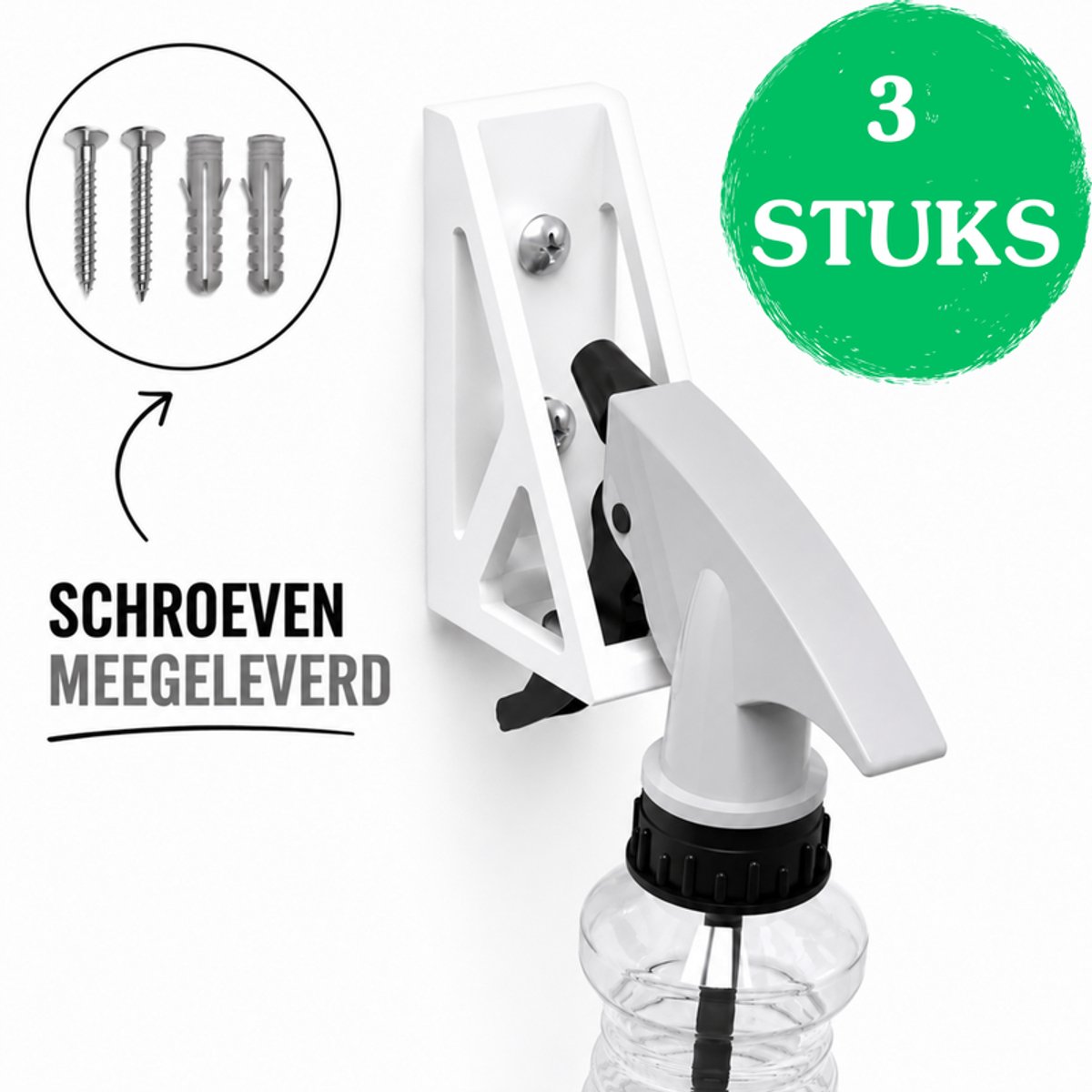 Universele Sprayfles Houder Set Van 3 - Wandmontage Sprayfles Organizer - Ophangsysteem Voor Schoonmaakflessen - Opberger Voor Garage Werkplaats Keuken En Schoonmaakruimte - 20MM En 30MM - Wit
