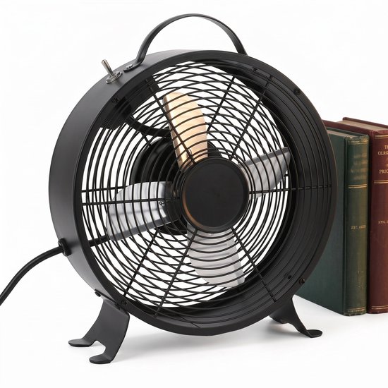 Tafelventilator Zwart Metaal Cheqo® Retro Bureauventilator 2 Snelheden Stil Koperen Motor Draaggreep