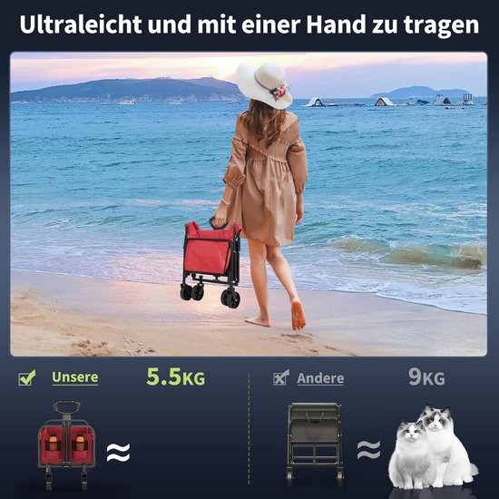 Opvouwbare Bolderkar - Tot 172 kg Draagkracht - Strandkar met 360° Draaibare Brede Wielen - Voor Camping, Tuin, Festival & Strand - rood — afbeelding 3