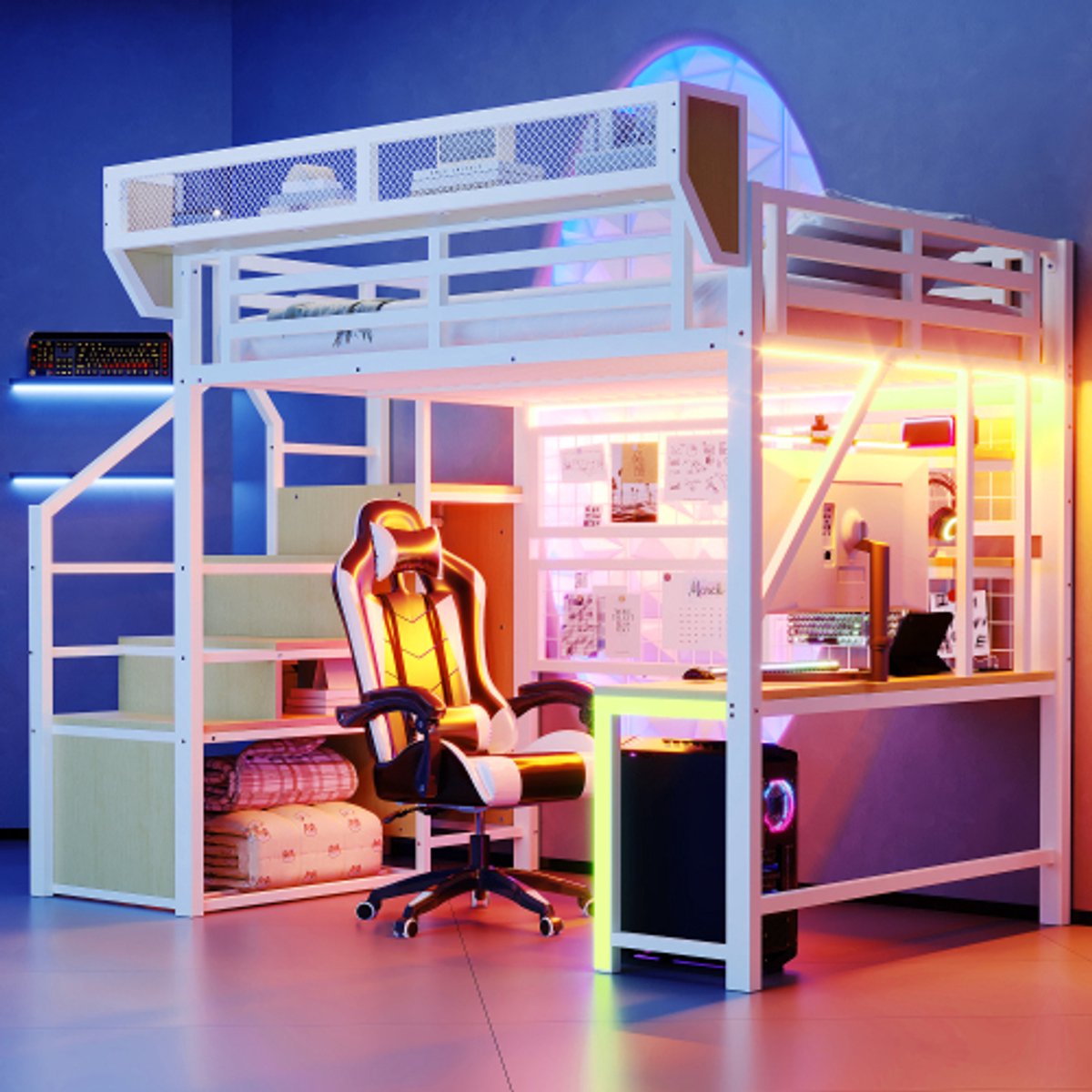 MODFU Hoogslaper – 140x200 cm – Bureau & Opbergruimte – LED & Stopcontact – Metaal – Wit