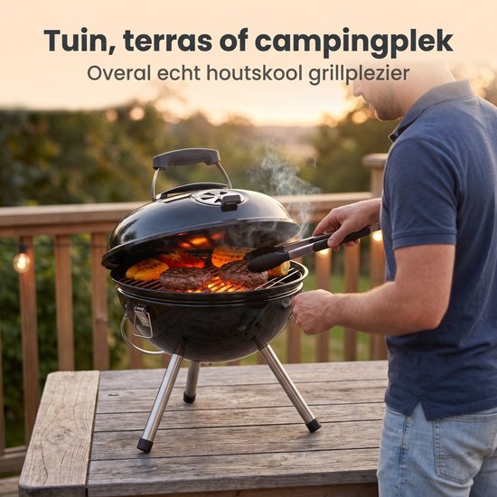 Cheqo® Kogelbarbecue - Houtskoolbarbecue met Deksel - Draagbare Barbecue - BBQ - Kogelgrill - Ketelbarbecue - Compact - voor Tuin, Terras en Balkon - Outdoor - Camping en Picknick - Barbeque - Houtskool BBQ - Grillrooster - Zwart van Cheqo — afbeelding 4