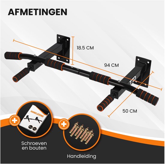 Premium Pull Up Bar - Pull Up Station - Optrekstang Wandmontage - Dip Station - Dip Bars - Thuis Sporten - Thuis Fitness - Premium materialen - Extra stevige tot 250KG - Inclusief montage onderdelen - Home workout - Zwart/Oranje