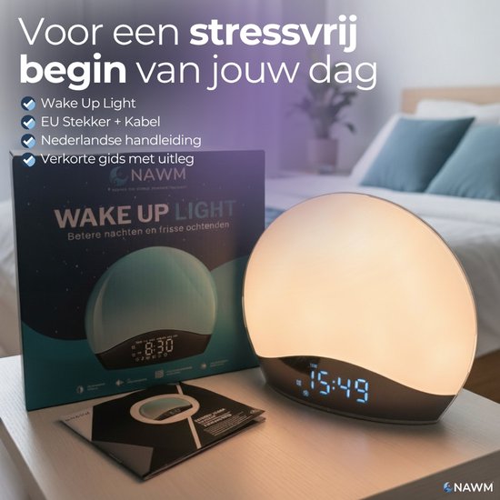 NAWM® Premium Wake Up Light - Digitale Wekker - Lichtwekker - Nachtlampje - Wekker - Bluetooth - 20 Helderheid niveaus - 25 Ontspanningsgeluiden - Incl. Nederlandse handleiding, EU stekker & Slaapgids