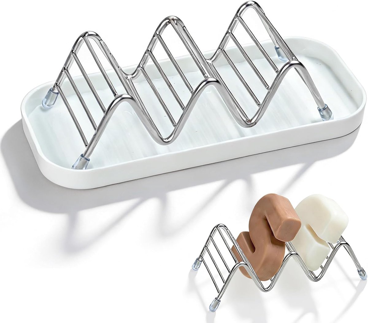 KZQ Zeeprek voor douche, roestvrij staal met wateropvangbak, zelfdragend voor shampoo bar en zeep, 7.4″×3.2″