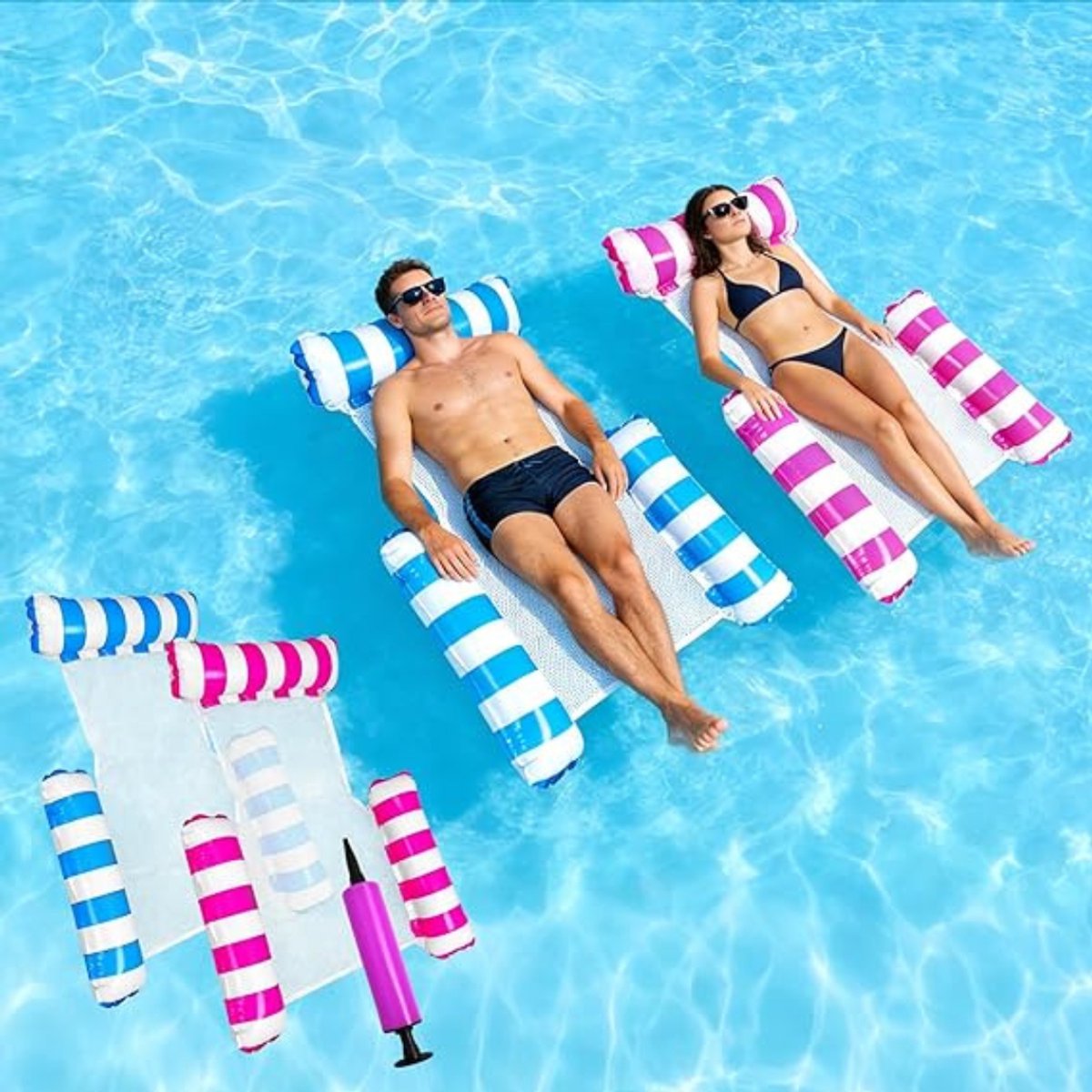 RWB® Waterhangmat - Waterhangmat Volwassenen - Luchtmatrassen Zwembad Lounge - Blauw/Roze - 24cm x 23cm x 6cm