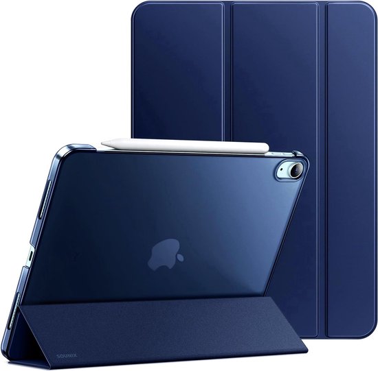 Donkerblauwe iPad hoes met Apple Pencil, staand en liggend.