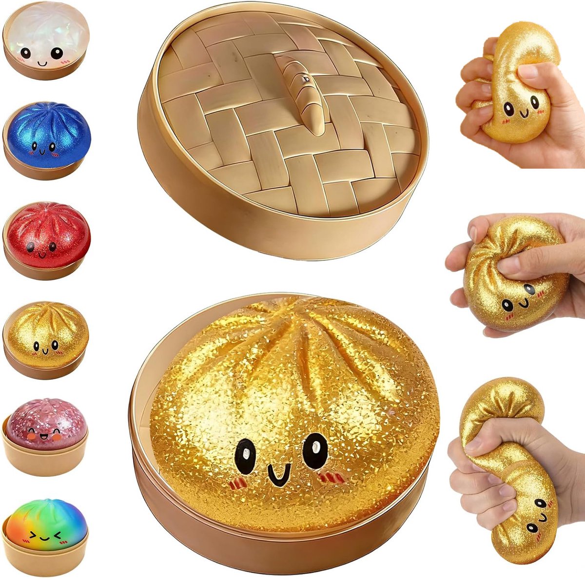 Dumpling Squishy Glitter 1 stuk - Groot Dumpling squishy speelgoed met stoombox - Slow Rising stressverlichtend speelgoed - Sensorische stressballen volwassenen en kinderen - Willekeurige kleur