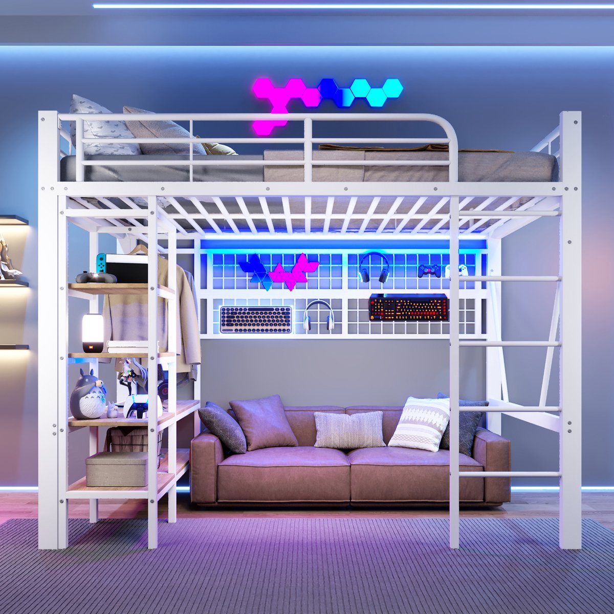 VVBV Hoogslaper 140x200 – Metalen Kinderbed met LED, Opbergvak, Hangnet en Kledingstang – Open Ruimte Onder het Bed – Wit – Zonder Matras White