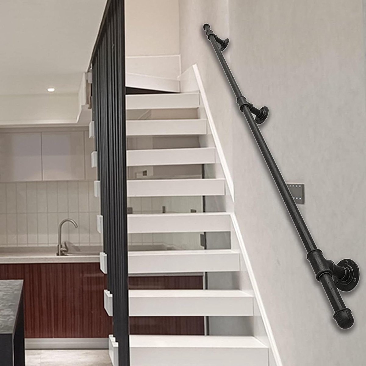 Trapleuning Smeedijzer - Steunsteun Handgreep - Veiligheid Binnenshuis - Roestwerende Coating - 80 cm - Zwart