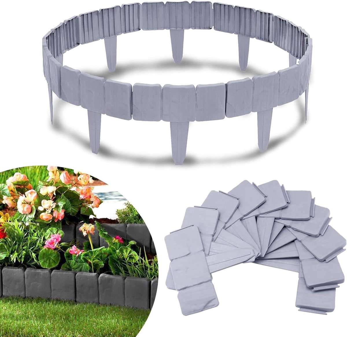 Gazonrand Kunststof - Bloembedomranding Steenlook - Tuin Afscheiden - Flexibel Steenpatroon - 5 meter 20 stuks - Grijs