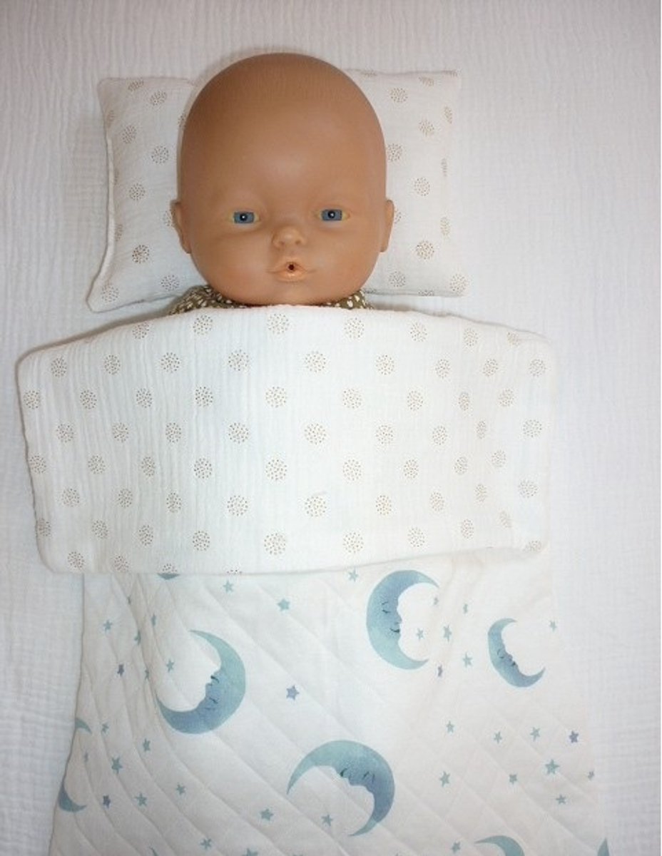 Oogappel Poppen Beddengoed Poppendeken met Kussentje Maan-Blauw-Offwhite