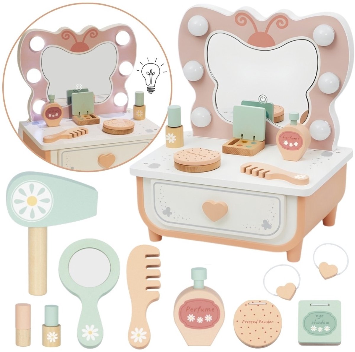 Tooky Toy Houten Vlinder Kaptafel Accessoires Spiegel Met Led Verlichting + Cosmetica - UNI