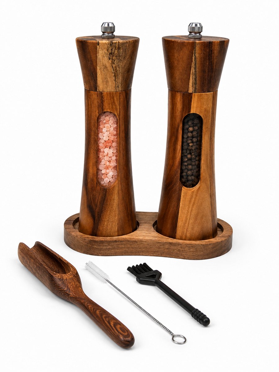 Peper en Zoutmolen Set - Acaciahout - Verstelbare Maalgraad - Inclusief Houder, Navullepel & Reinigingsborstel - Luxe Cadeauverpakking