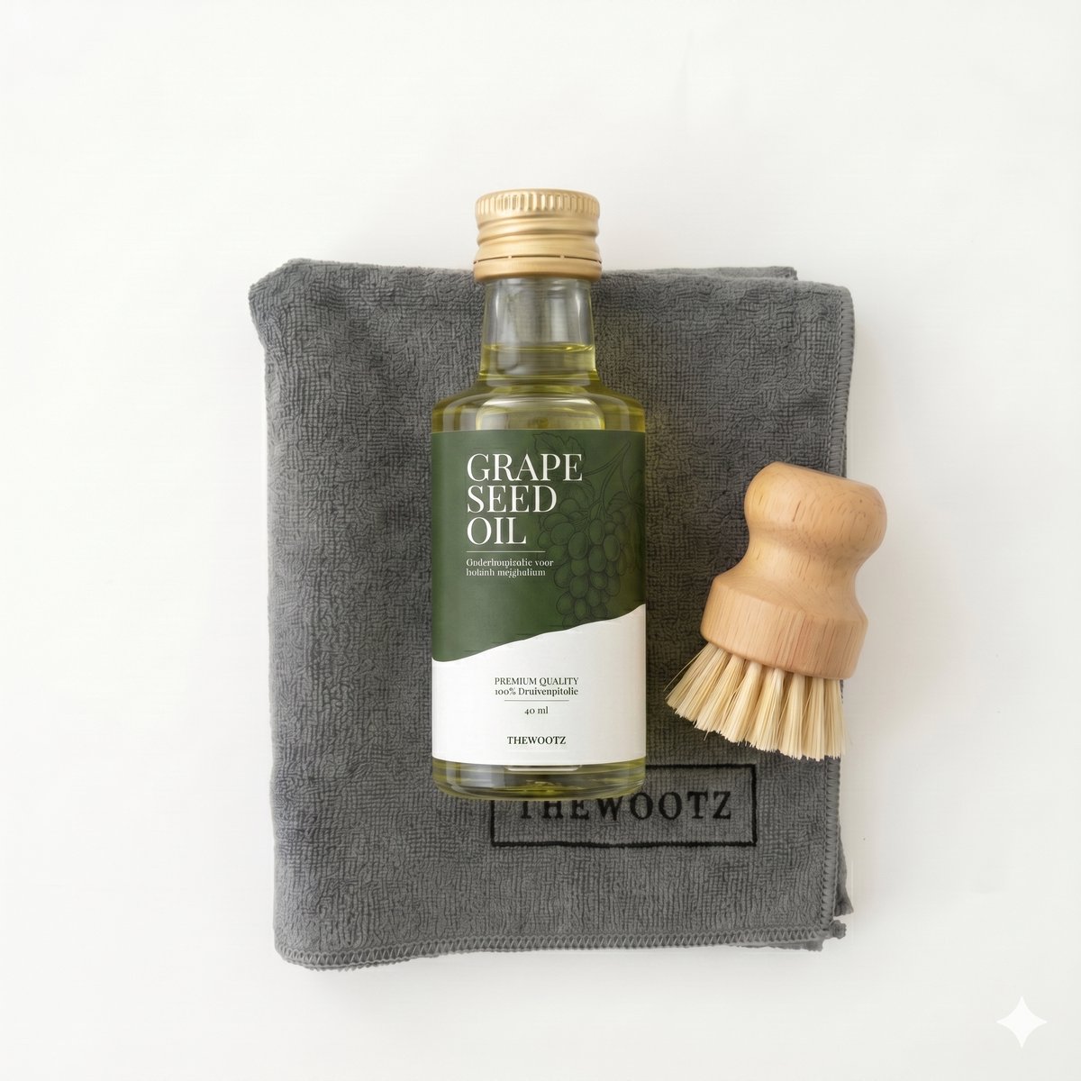 TheWootz Onderhoudspakket Snijplank – 100% Druivenpitolie 40ml + Doek + Borstel – Compleet Onderhoud voor Houten & Bamboe Snijplanken