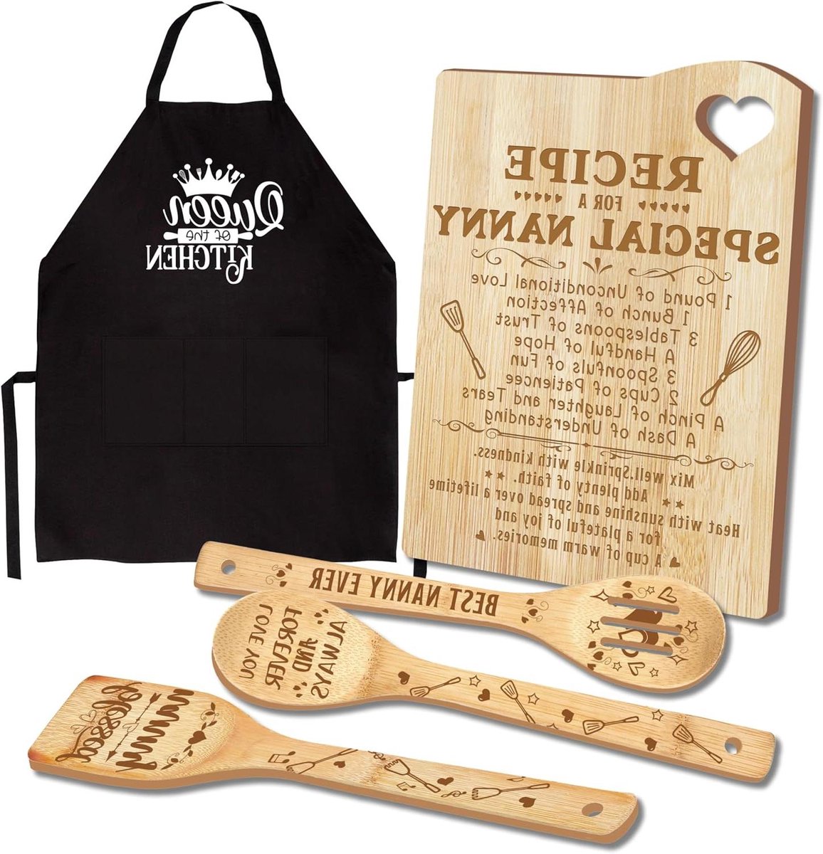 Keukengerei Set - Kookset Schort - Cadeau Geven - Harten Uitsnede - 5 Delig - Houtkleur