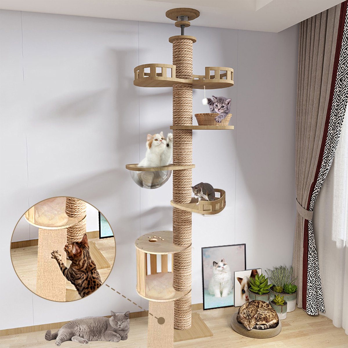YYCHAN Krabpaal voor Katten - Krabpaal Plafond - Kattenboom -Kattenhuis - 5 laag - Hoogte verstelbare - 43 x 40 x 215-275 cm - Hout