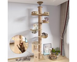 YYCHAN Krabpaal voor Katten - Krabpaal Plafond - Kattenboom -Kattenhuis - 5 laag - Hoogte verstelbare - 43 x 40 x 215-275 cm - Hout