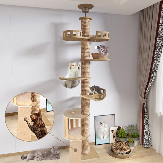 YYCHAN Krabpaal voor Katten - Krabpaal Plafond - Kattenboom -Kattenhuis - 5 laag - Hoogte verstelbare - 43 x 40 x 215-275 cm - Hout