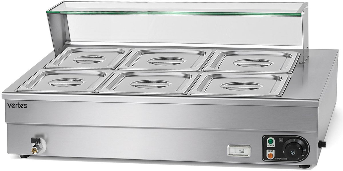 VERTES Gerechtenverwarmer Buffetverwarmer Warmhoudbak voor gerechten Elektrisch 1500 W van roestvrij staal (incl. 6 x 1/2 GN-bakken met deksel, 10 l, aftapkraan, glazen afdekking, bain-marie, 30-85 °C)