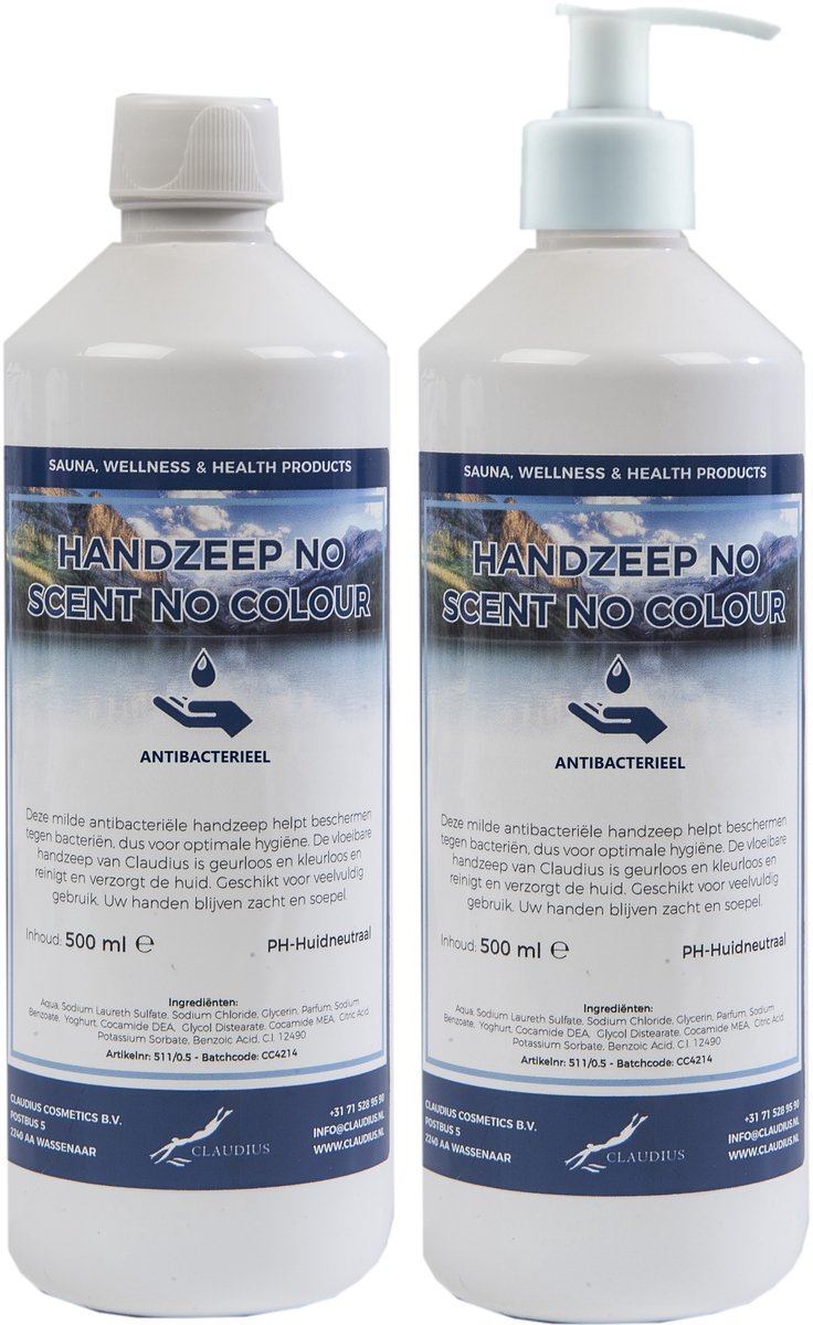 Handzeep No Scent No Colour 500 ml - set van 2 stuks - met gratis pomp - Voordeelverpakking