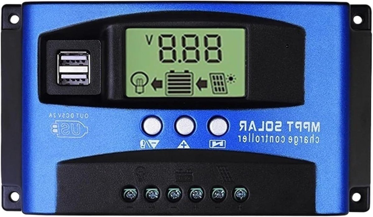 Zonnelaadregelaar, Solar MPPT 100A 60A 50A 40A 30A Laadregelaar Dubbel USB LCD-scherm 12V 24V Zonnecelpaneel Laderregelaar Met Belasting(50A)