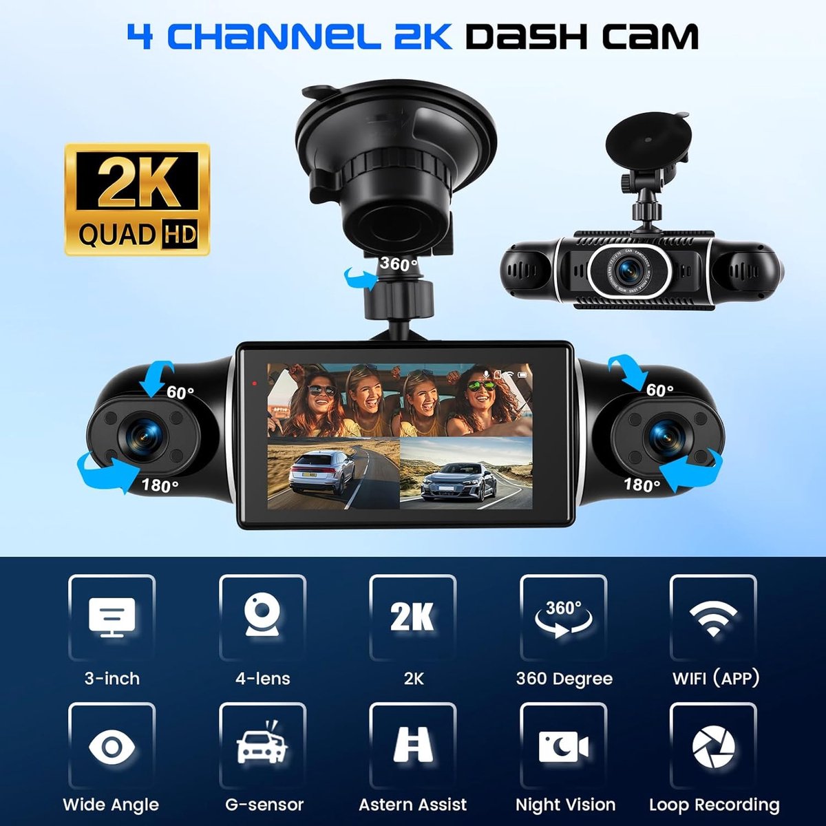 Mini Dashcam - Auto Camera - Rit Opnemen - 4 Lens 1080P - 3 Inch Scherm - Zwart – foto 2
