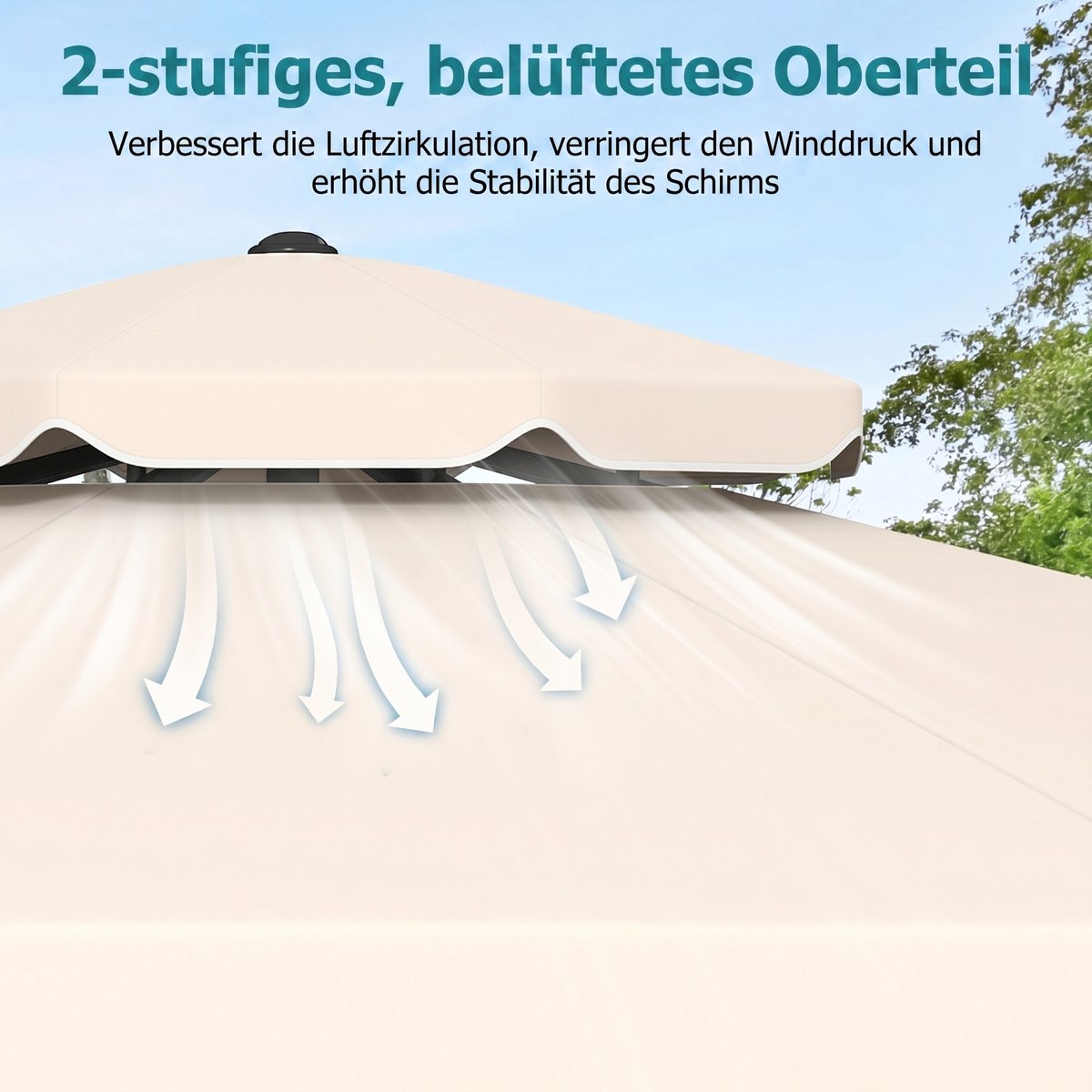 COSTWAY 300 cm parasol met dubbel doek, tuinparasol met draaihendel en volant, 30° kantelbaar aan beide zijden, terrasparasol, marktparasol voor tuin, balkon, terras (beige) – foto 6