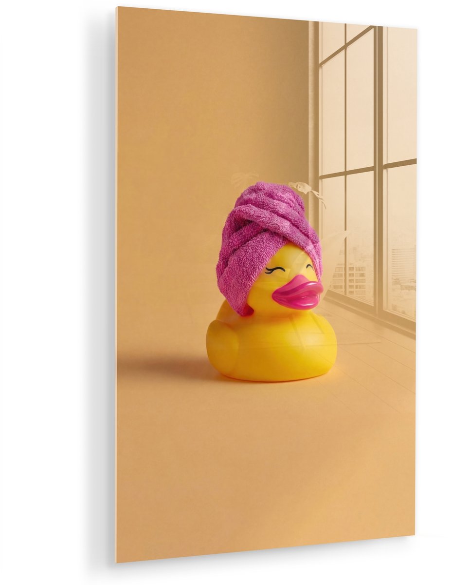 MuchoWow® Glasschilderij 40x60 cm - Schilderij acrylglas - Badeend - Handdoek - Kleurrijk 