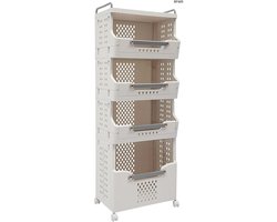 Waskast met Wielen - Kleding Organizer - Sorteren en Opbergen - Vier Compartimenten - 110 cm Hoog - Wit Grijs